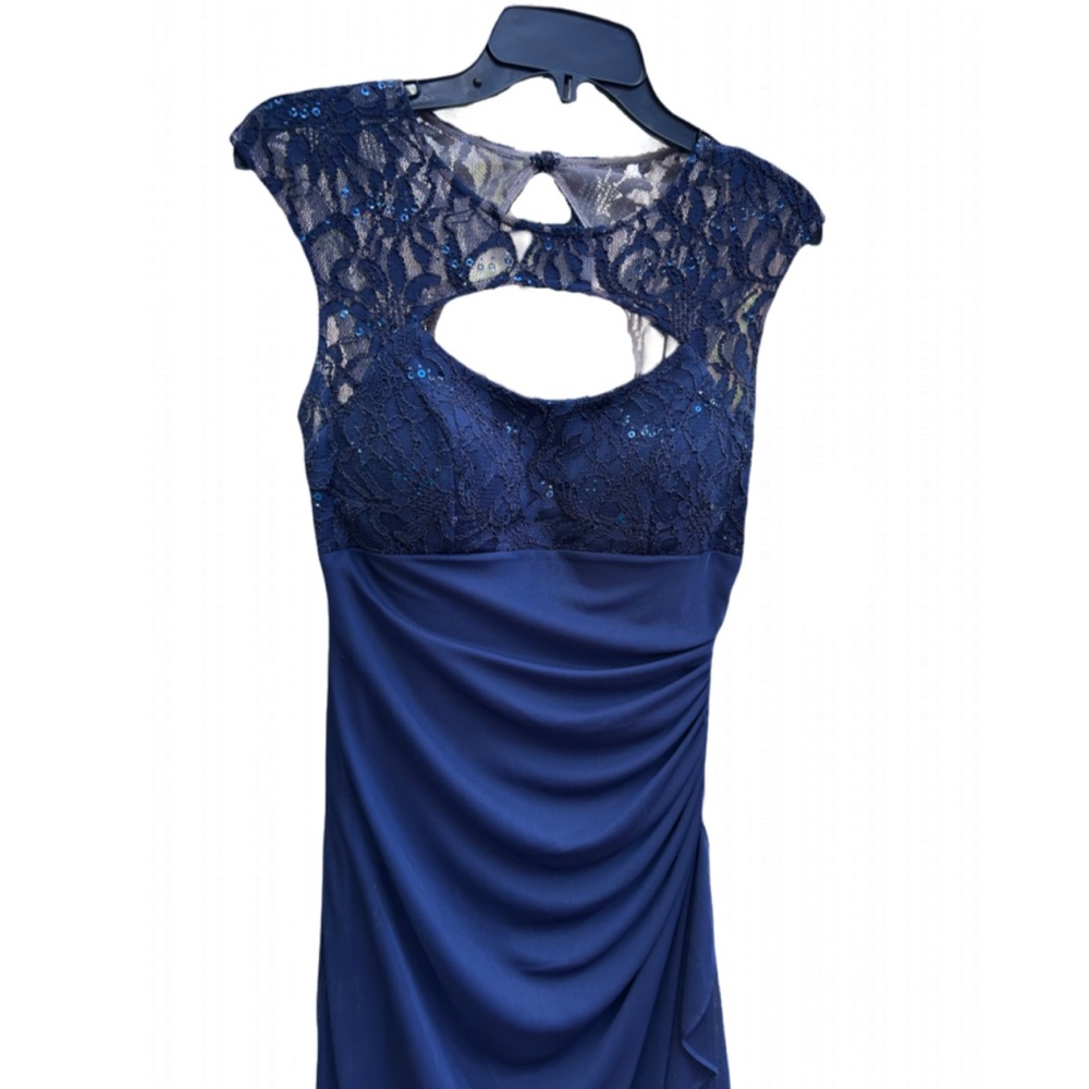 Women's B&A by Betsy & Adam Ruched Cutout Navy Blue Long Dress Formal 8 - Picture 2 of 6